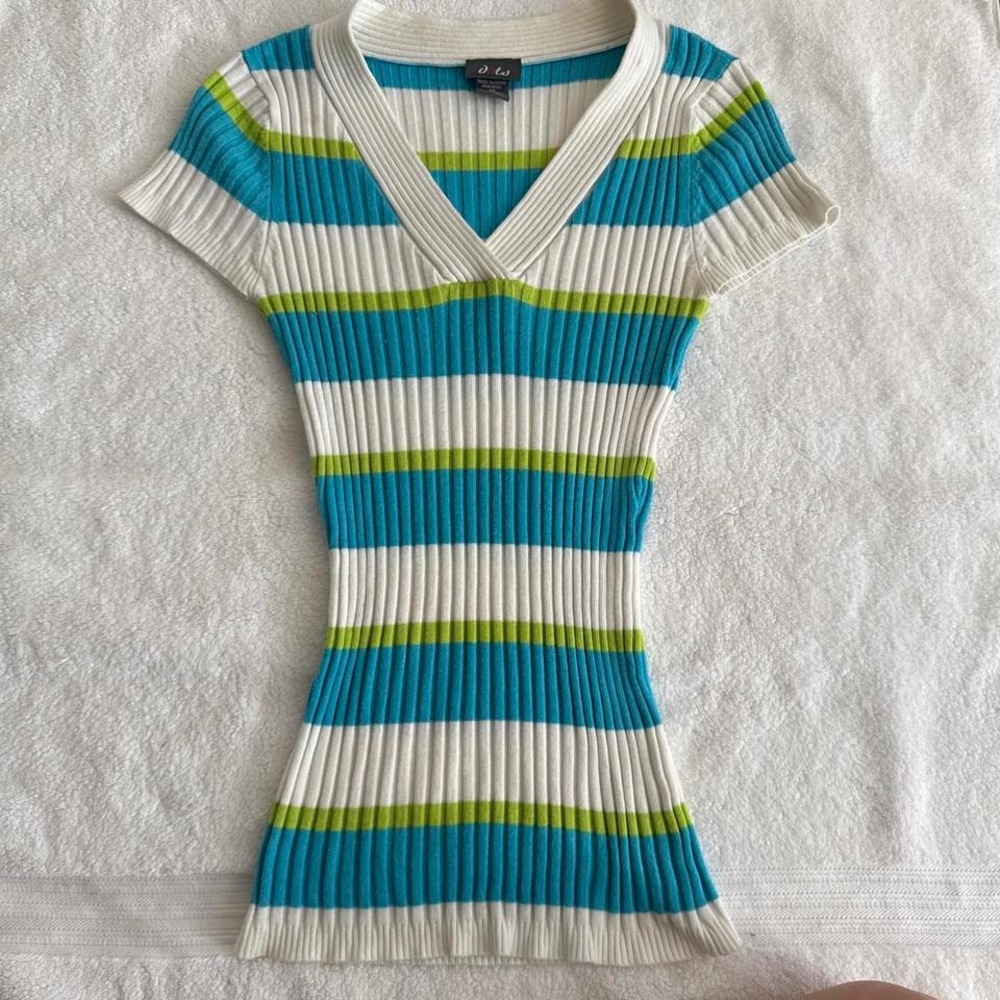 y2k playground prep blue and green striped ribbed top